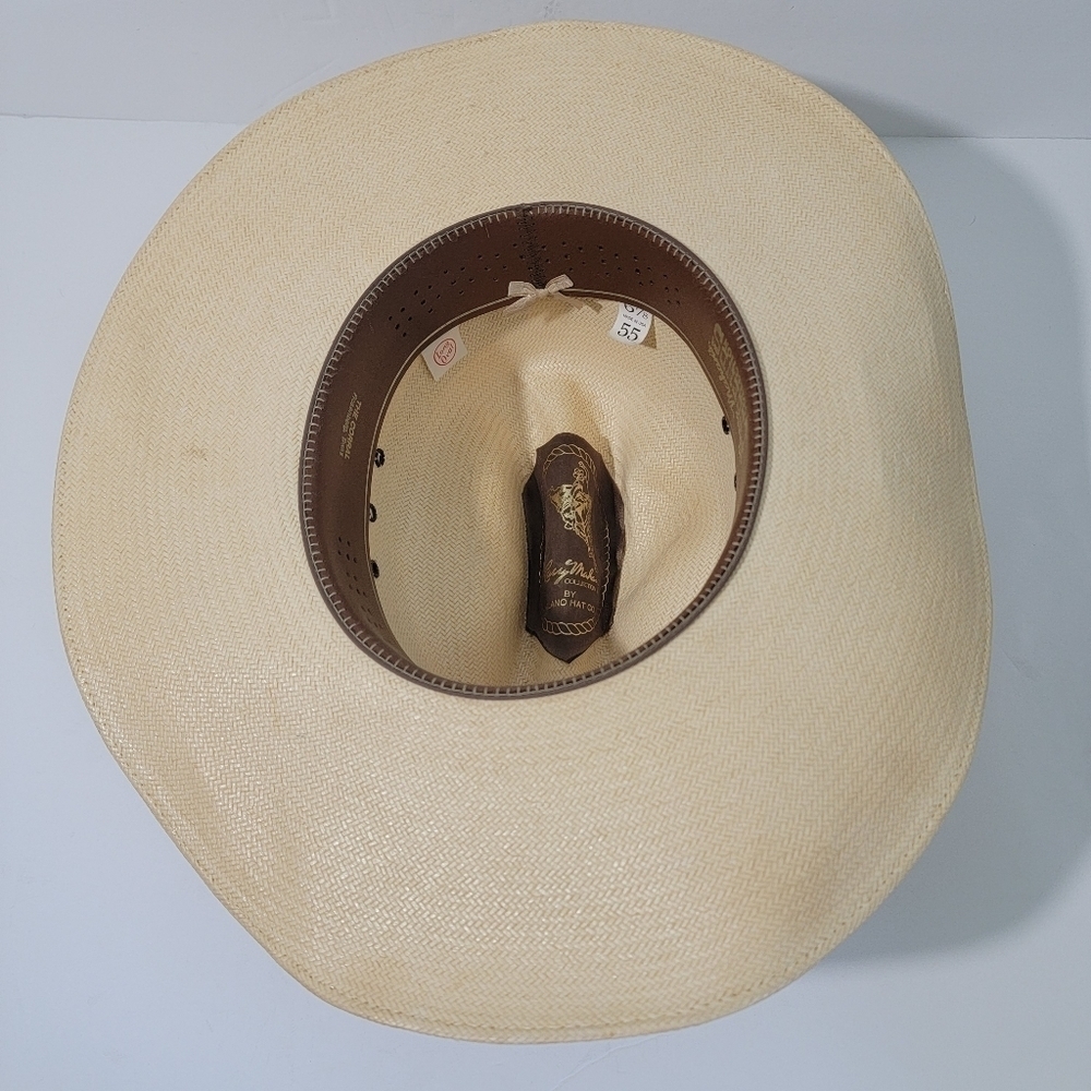 Larry Mahan The Corral By Milano Hat Tan Bandido 100% Straw Hat 6/8-55 Long Oval - Picture 7 of 12